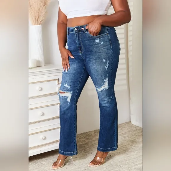 Mid-rise Distressed Ripped Jeans Hand Sand Destroy Boot Cut Pants Judy Blue