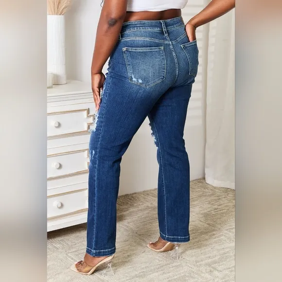 Mid-rise Distressed Ripped Jeans Hand Sand Destroy Boot Cut Pants Judy Blue