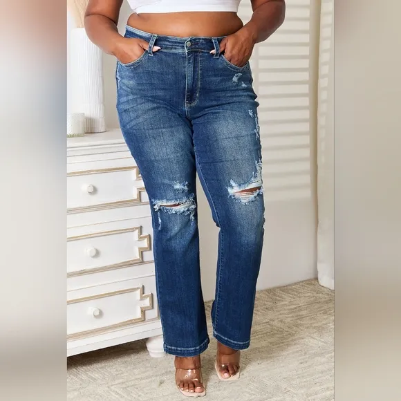 Mid-rise Distressed Ripped Jeans Hand Sand Destroy Boot Cut Pants Judy Blue