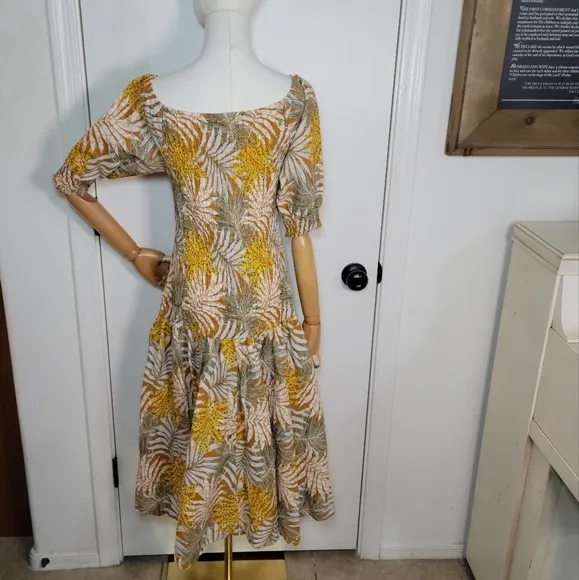 Midnight Velvet Resort Wear Floral Smocked Linen Blend Spring Dress Size Large