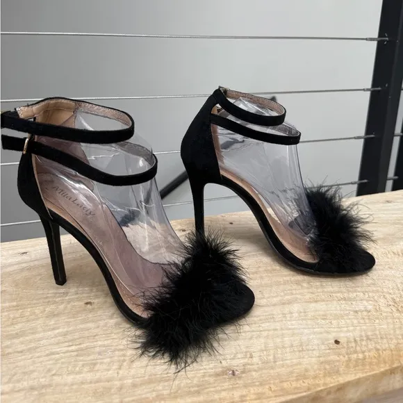 Mila Lady Eileen18 Black Sexy Feather Ankle Strap Open Tie Stiletto Chic Size 9