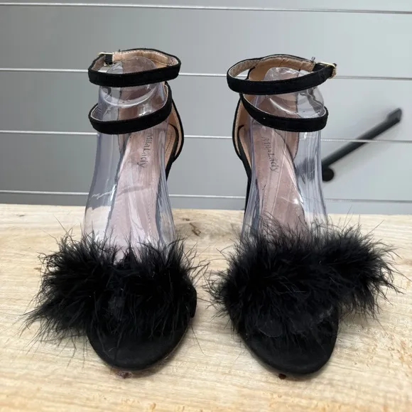 Mila Lady Eileen18 Black Sexy Feather Ankle Strap Open Tie Stiletto Chic Size 9