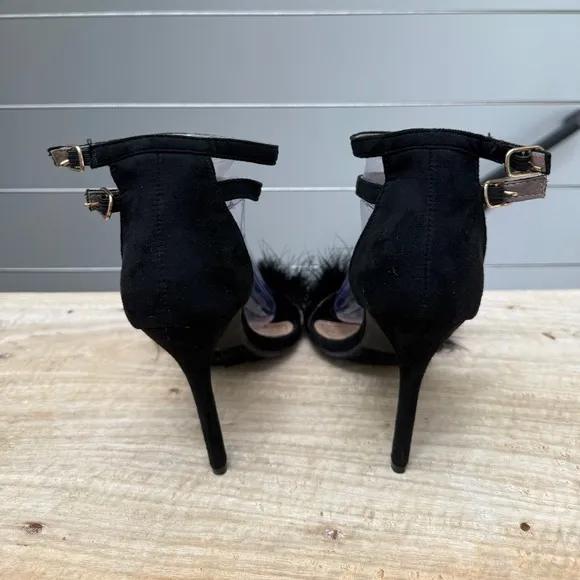 Mila Lady Eileen18 Black Sexy Feather Ankle Strap Open Tie Stiletto Chic Size 9