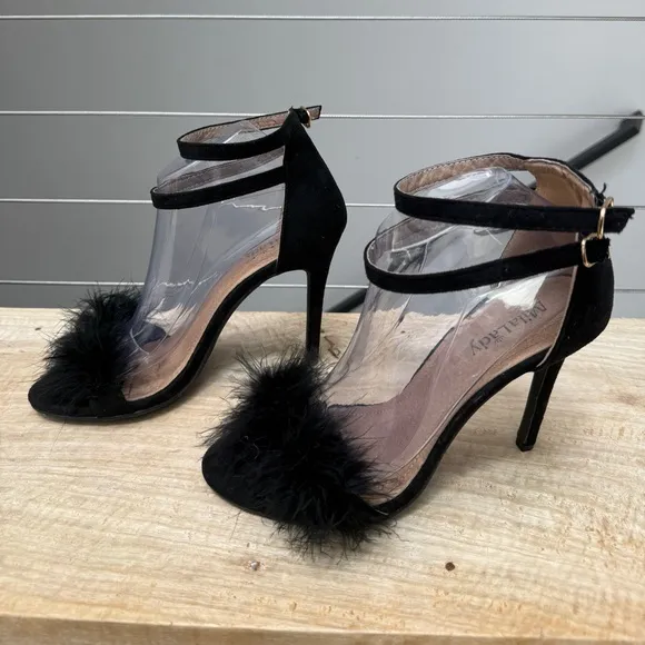 Mila Lady Eileen18 Black Sexy Feather Ankle Strap Open Tie Stiletto Chic Size 9