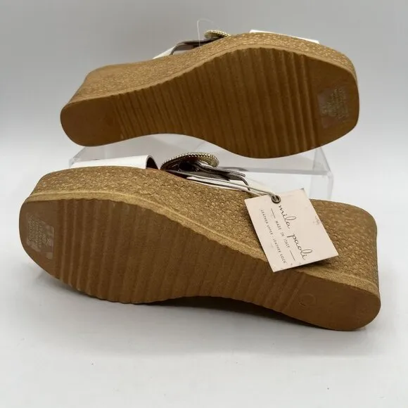 Mila Paoli NEW 7.5 White Leather Wedge Sandals Gold Buckle Made In Italy Boho
