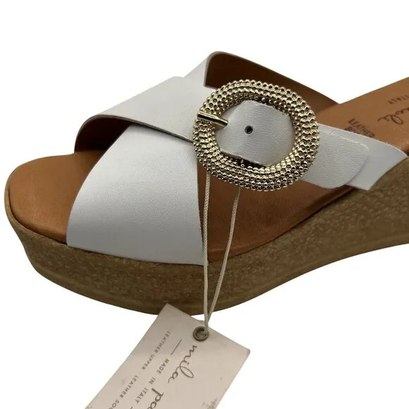 Mila Paoli NEW 7.5 White Leather Wedge Sandals Gold Buckle Made In Italy Boho