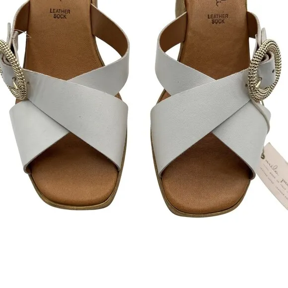 Mila Paoli NEW 7.5 White Leather Wedge Sandals Gold Buckle Made In Italy Boho
