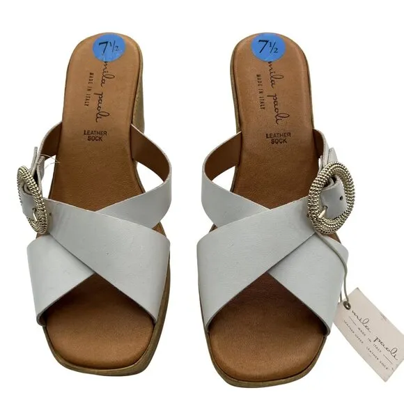 Mila Paoli NEW 7.5 White Leather Wedge Sandals Gold Buckle Made In Italy Boho