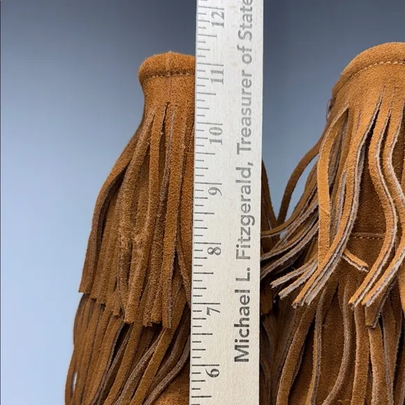 Minnetonka Fringed Suede Wedge Boots - Tan size 9.5