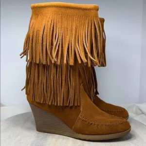 Minnetonka Fringed Suede Wedge Boots - Tan size 9.5