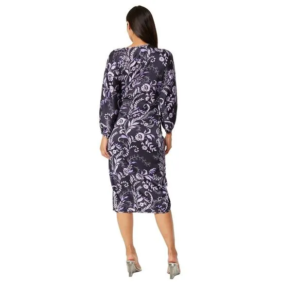 MISA Los Angeles Sylvia Faux Wrap Indigo Satin Boho High Low Dress NWT S $358