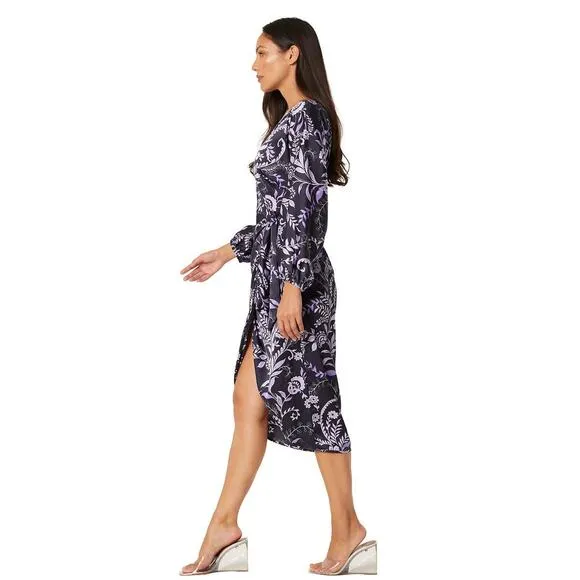 MISA Los Angeles Sylvia Faux Wrap Indigo Satin Boho High Low Dress NWT S $358