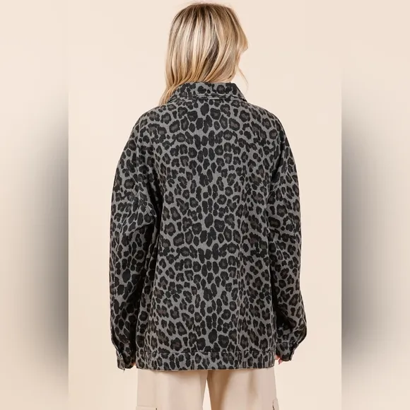 MittoShop Leopard Animal Cotton Denim Jacket Collared Boyfriend Jean Shacket