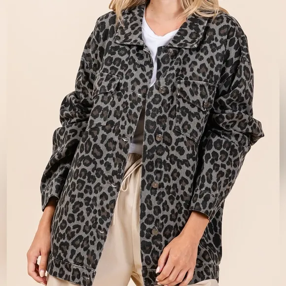 MittoShop Leopard Animal Cotton Denim Jacket Collared Boyfriend Jean Shacket
