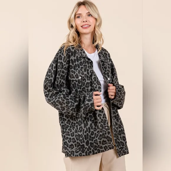 MittoShop Leopard Animal Cotton Denim Jacket Collared Boyfriend Jean Shacket