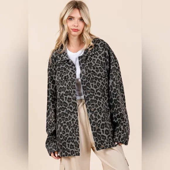 MittoShop Leopard Animal Cotton Denim Jacket Collared Boyfriend Jean Shacket