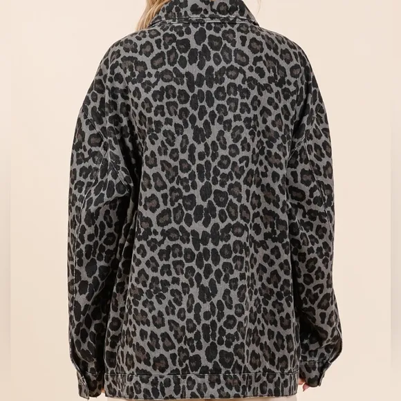 MittoShop Leopard Animal Cotton Denim Jacket Collared Boyfriend Jean Shacket