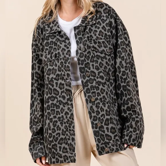 MittoShop Leopard Animal Cotton Denim Jacket Collared Boyfriend Jean Shacket