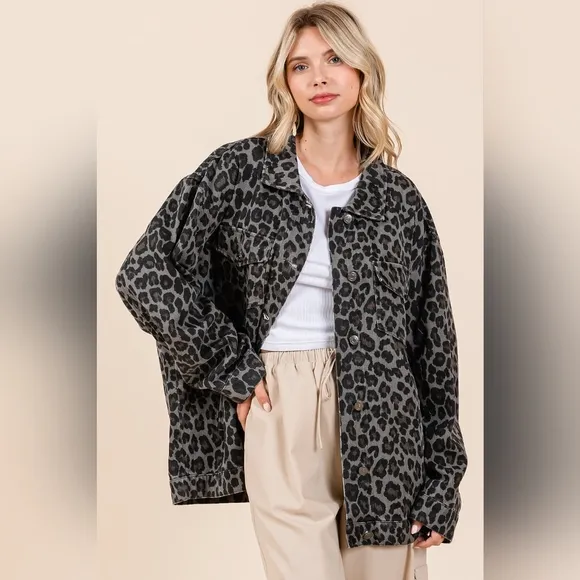 MittoShop Leopard Animal Cotton Denim Jacket Collared Boyfriend Jean Shacket
