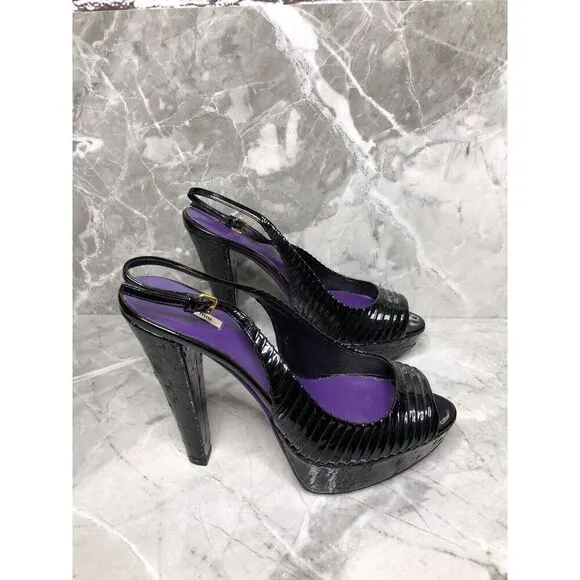 MIU MIU Black Patent Leather Peep Ankle Strap Platform Stiletto Heels Women 38.5