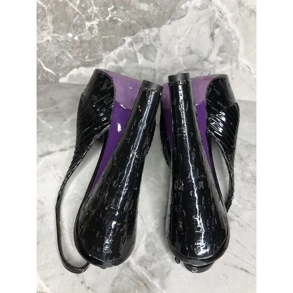 MIU MIU Black Patent Leather Peep Ankle Strap Platform Stiletto Heels Women 38.5