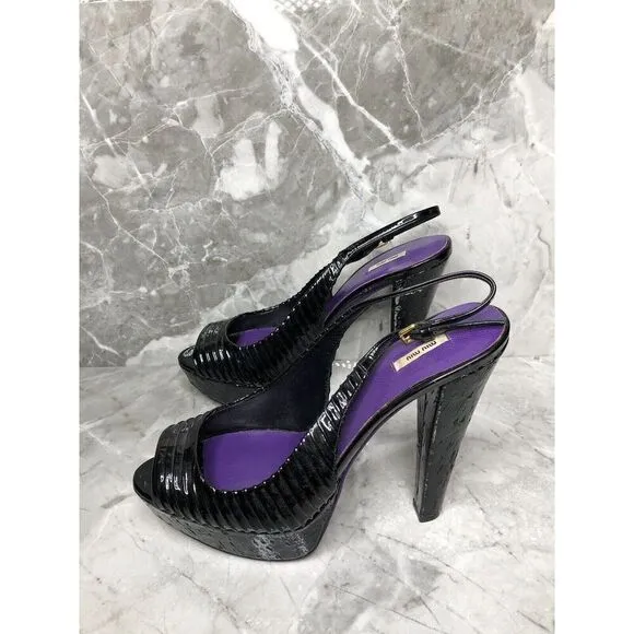 MIU MIU Black Patent Leather Peep Ankle Strap Platform Stiletto Heels Women 38.5