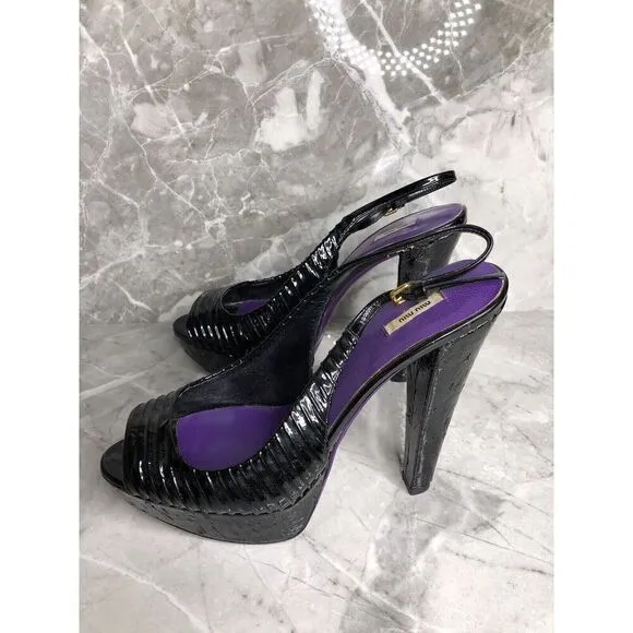 MIU MIU Black Patent Leather Peep Ankle Strap Platform Stiletto Heels Women 38.5