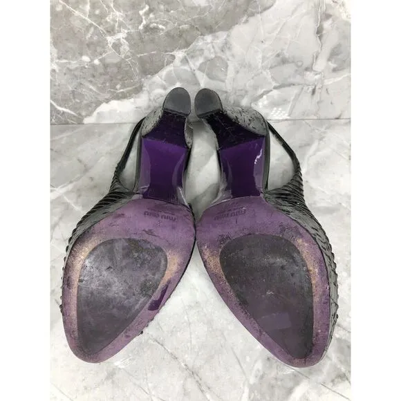 MIU MIU Black Patent Leather Peep Ankle Strap Platform Stiletto Heels Women 38.5