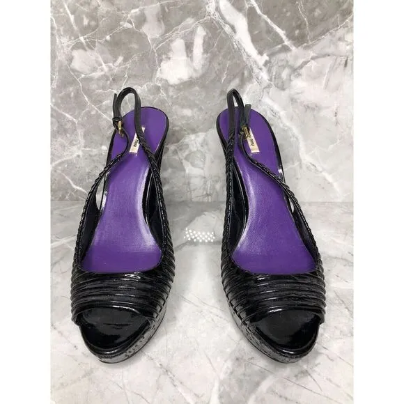 MIU MIU Black Patent Leather Peep Ankle Strap Platform Stiletto Heels Women 38.5
