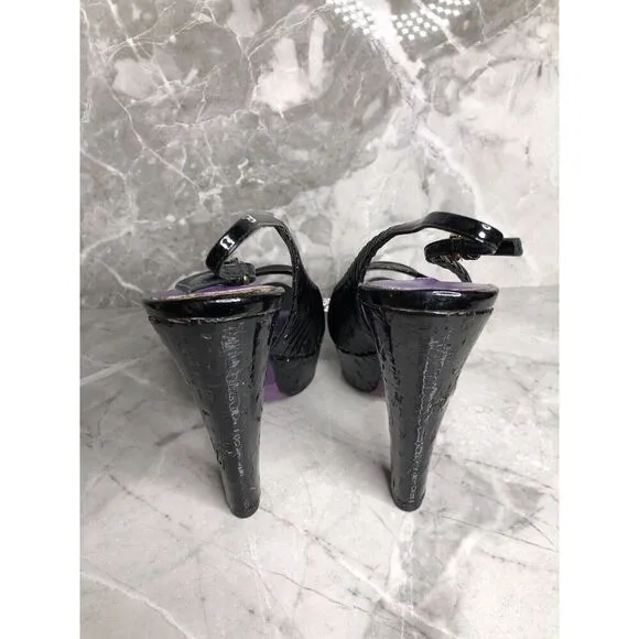 MIU MIU Black Patent Leather Peep Ankle Strap Platform Stiletto Heels Women 38.5