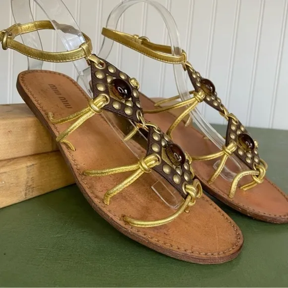 Miu Miu Embellished Boho Gold Flat Sandals w Ankle Strap *Italy*