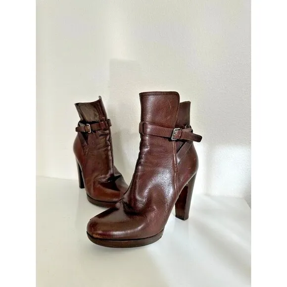 Miu Miu Heeled Booties Buckle Brown Ankle Made in Italy Women's EU 39.5 US 9