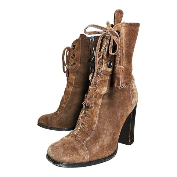 Miu Miu Rust Brown Suede Lace Up Tassel Heeled Ankle Boots 37 US 7 needs repair