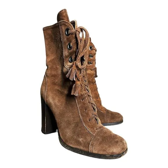 Miu Miu Rust Brown Suede Lace Up Tassel Heeled Ankle Boots 37 US 7 needs repair