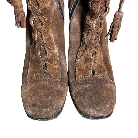 Miu Miu Rust Brown Suede Lace Up Tassel Heeled Ankle Boots 37 US 7 needs repair