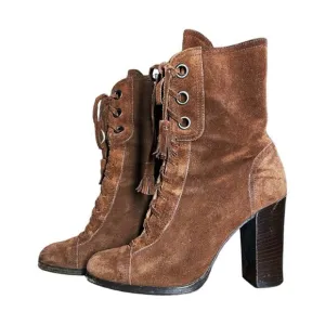 Miu Miu Rust Brown Suede Lace Up Tassel Heeled Ankle Boots 37 US 7 needs repair