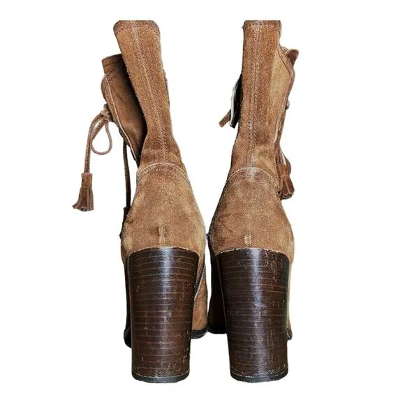Miu Miu Rust Brown Suede Lace Up Tassel Heeled Ankle Boots 37 US 7 needs repair