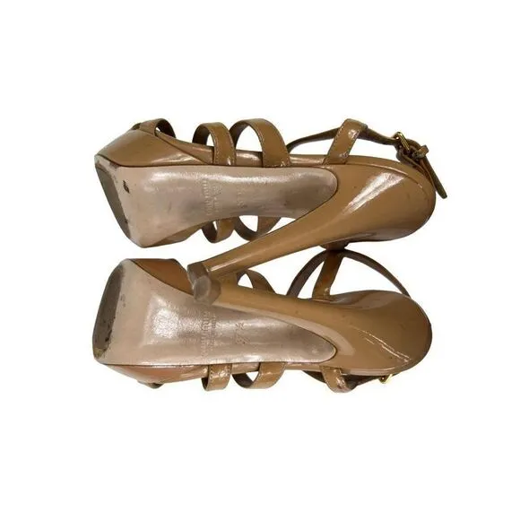 MIU MUI Cammeo Tan Patent Leather Platform Sandals Size 37.5
