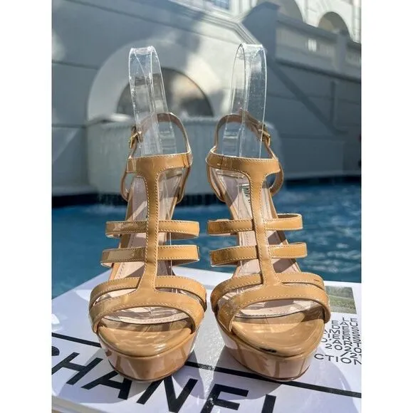 MIU MUI Cammeo Tan Patent Leather Platform Sandals Size 37.5