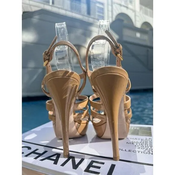 MIU MUI Cammeo Tan Patent Leather Platform Sandals Size 37.5