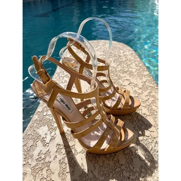 MIU MUI Cammeo Tan Patent Leather Platform Sandals Size 37.5