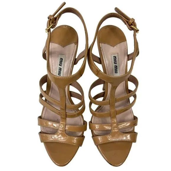 MIU MUI Cammeo Tan Patent Leather Platform Sandals Size 37.5