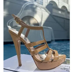 MIU MUI Cammeo Tan Patent Leather Platform Sandals Size 37.5