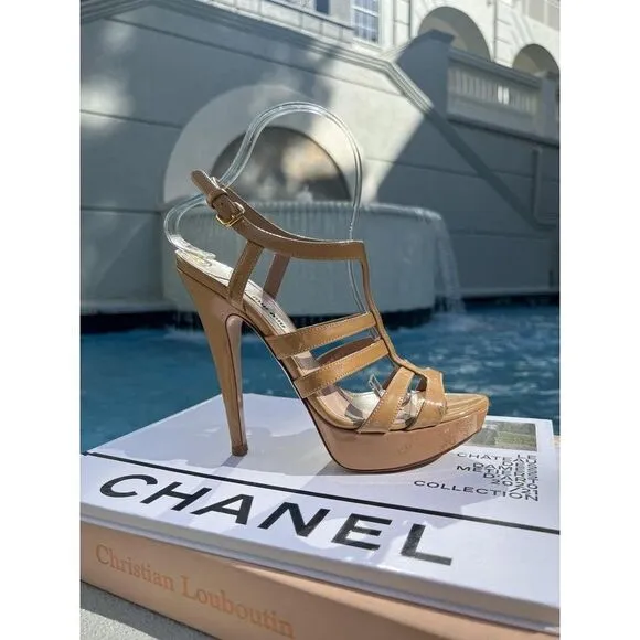 MIU MUI Cammeo Tan Patent Leather Platform Sandals Size 37.5