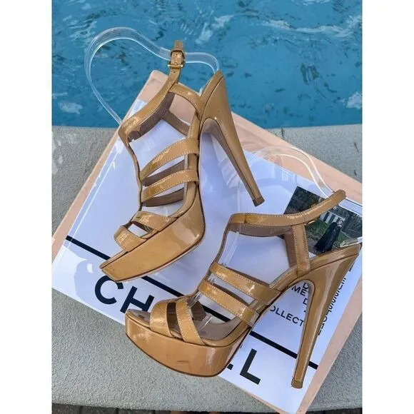 MIU MUI Cammeo Tan Patent Leather Platform Sandals Size 37.5