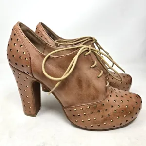 MIZ MOOZ Lesley Oiled Tan Perforated Leather Lace-Up Heeled Shoes Size 7.5