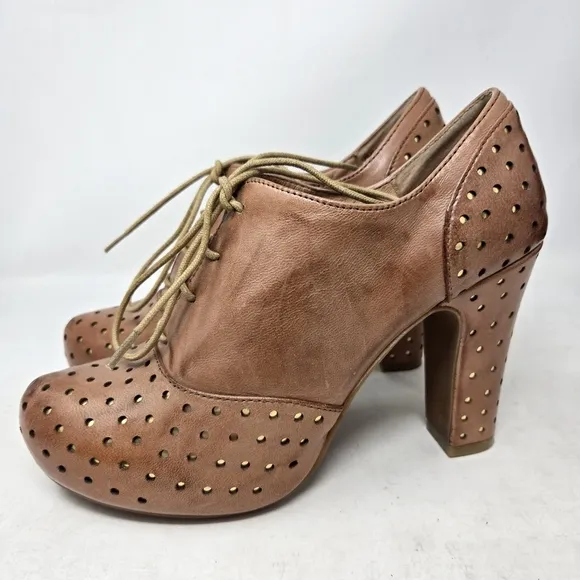 MIZ MOOZ Lesley Oiled Tan Perforated Leather Lace-Up Heeled Shoes Size 7.5
