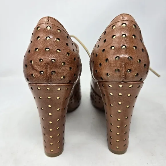 MIZ MOOZ Lesley Oiled Tan Perforated Leather Lace-Up Heeled Shoes Size 7.5