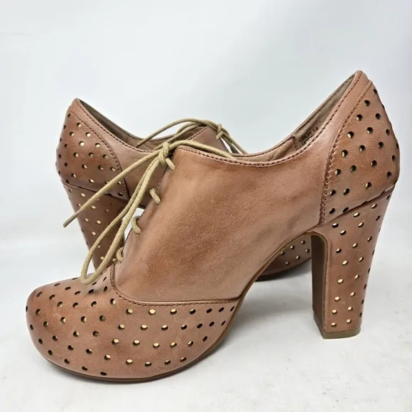 MIZ MOOZ Lesley Oiled Tan Perforated Leather Lace-Up Heeled Shoes Size 7.5