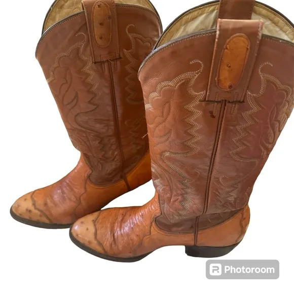 Montana Cowboy Boots Genuine Leather with Ostrich Embossing Western Style Size 8